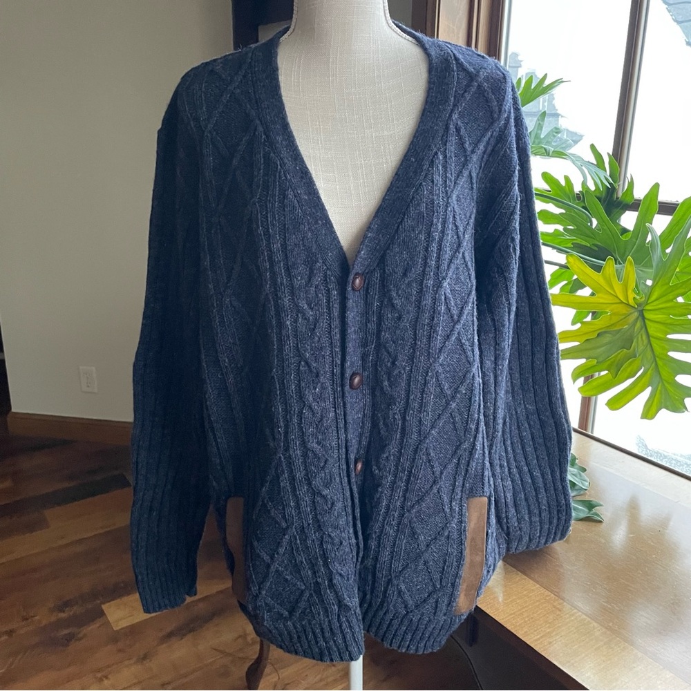 Woolrich Dark Blue Cable Knit Elbow Patch Fisherman Grandpa Wool Cardigan XL